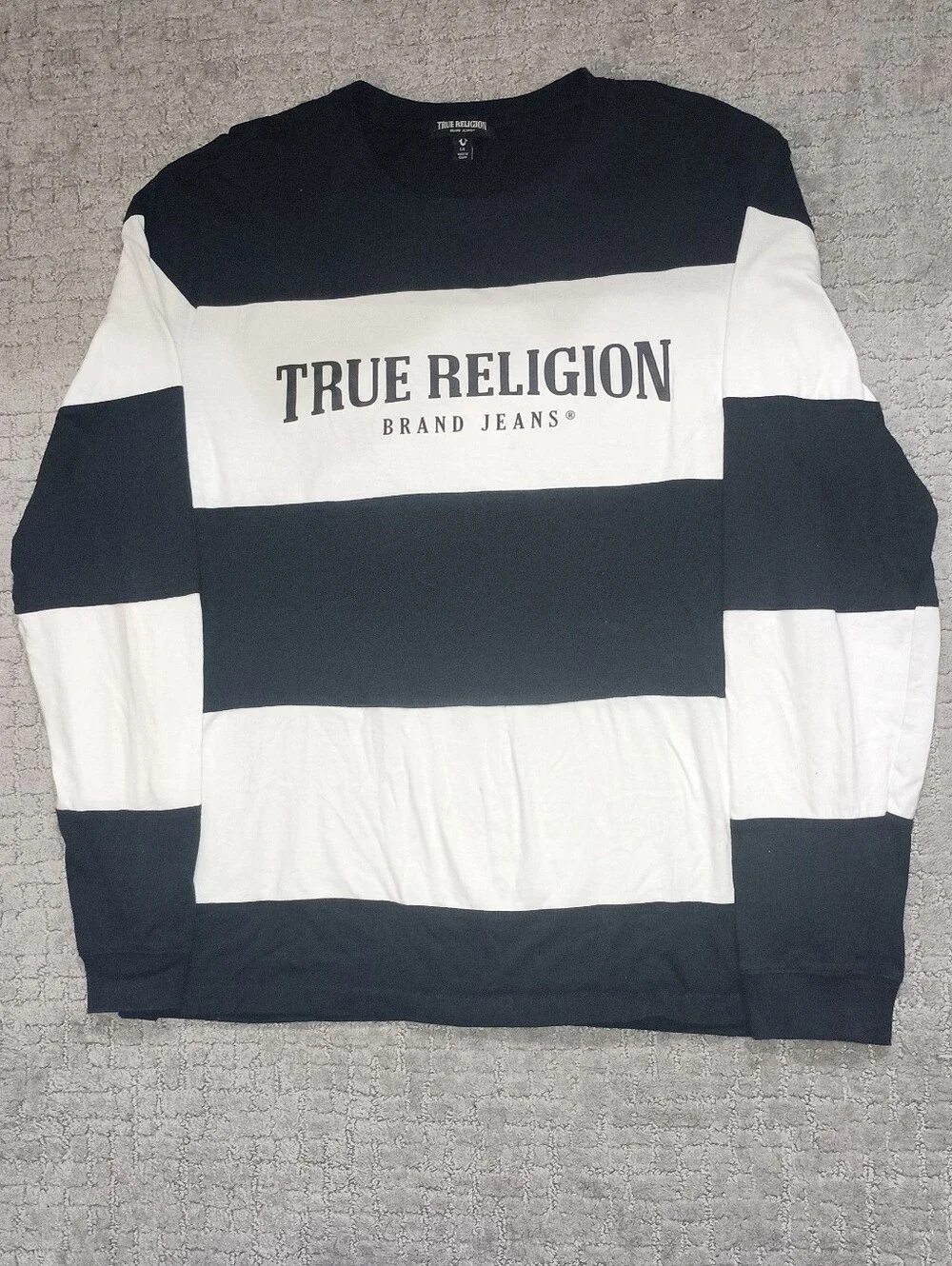 True Religion Black and White Striped Logo Long Sleeve Tee